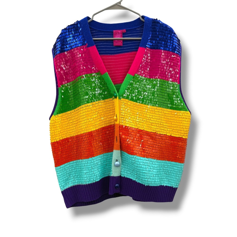 Queen of Sparkles Rainbow Sequin Vest Womens XXL Multicolor‎ Stripe Button Front